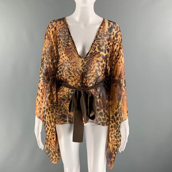 MATTHEW WILLIAMSON Size 6 Brown Yellow Silk Butterflies Belted Casual Top - Picture 1 of 6